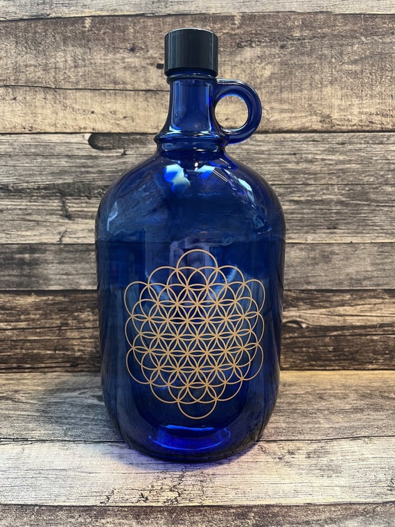 Blue glass 2-liter handled bottle with Flower of Life G4