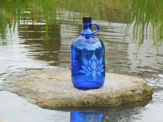 Blue Glass 2-liter Bottle With Handle and Lotus Design - Etsy