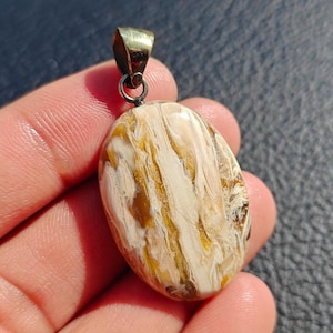Könnte beinhalten: Ovaler Anhänger mit einem cremefarbenen und goldbraunen Muster. Der Anhänger hat eine goldfarbene Öse und einen silberfarbenen Ring. Der Stein wird in einer Hand vor dunklem Hintergrund gehalten. Schmuck.