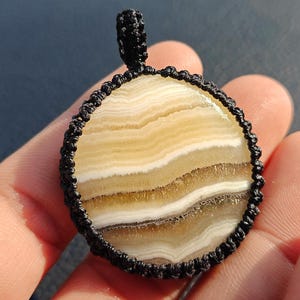 Yellow Lace Agate Macrame Pendant 51x39 MM Round Gemstone Necklace