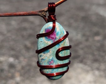 Ruby Fuchsite Gemstone Pendant, Semiprecious Gemstone Wire Wrapped Pendant