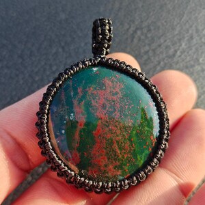 Boho Green Bloodstone Macrame Necklace 52x39mm Statement Gemstone Pendant