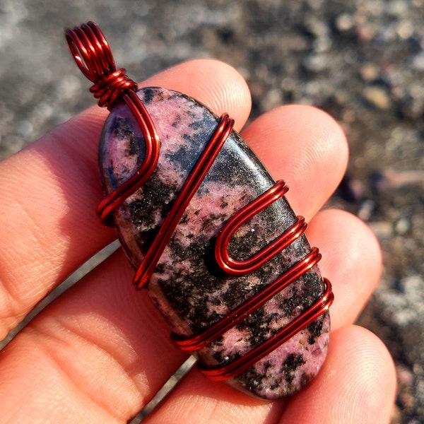 Pink Rhodonite Pendant, Copper Wire Wrapped Gemstone Pendant, Handmade Pendant