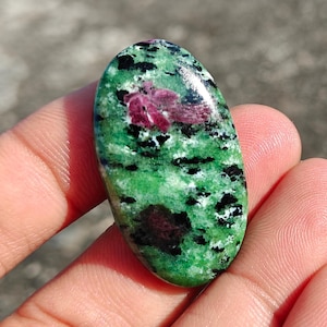 Natural Ruby Zoisite Cabochon, Smooth Flat Back Loose Gemstone for Wire Wrapping, Anyolite Crystal, Green & Pink Oval Stone (39x22x6MM)