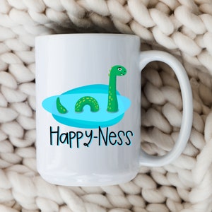 Happy Ness Mug | Cute Loch Ness Monster | Funny Cryptid Nessie Coffee Tea Cup Gift |