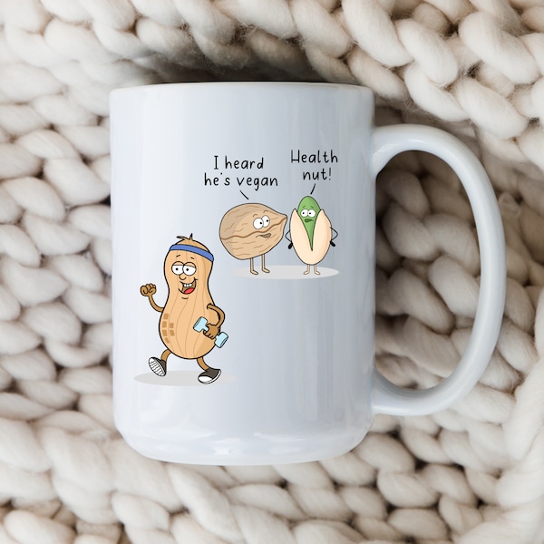 Funny Health Nut Mug Cartoon Coffee Cup Gift for Her Peanut Cartoon Funny Vegan Mug Foodie Gift Peanut Lover