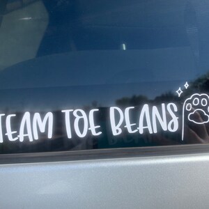 May include: A white vinyl sticker on a car window that says "TEAM TOE BEANS" with a paw print and two stars.