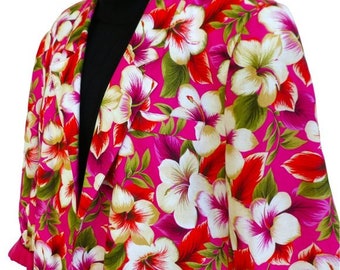 Size Large Vintage Hawaiian Pink Floral Blazer Jacket Satin Lined Leslie Fay Sportswear 12