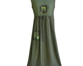 Vintage 90s CDC Petites Maxi Dress Olive Green Mixed Media Art Deco Drawstring Cincher