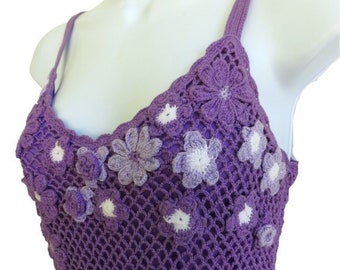 Vintage Y2K INC Open Chain Crochet Babydoll Floral Macrame Cami Top Purple Scallop Trim Lined Boho Pinup S