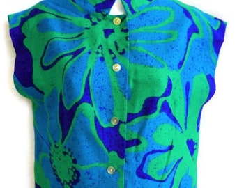 Barkcloth Hawaiian Top Vintage 60s Sun Fashion of Hawaii Tunic Mod Blue Mandarin Band Collar Bark Cloth