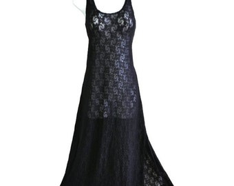 Abito sottoveste in pizzo elasticizzato maxi nero vintage taglie forti camicia da notte Lane Bryant Intimates USA