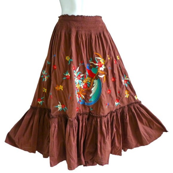 Size Large Vintage Peacock Floral Embroidered Folk Maxi Skirt Smocked Waistband Ruffle Hem Linen Cotton Blend Peasant Boho Nature Lover L