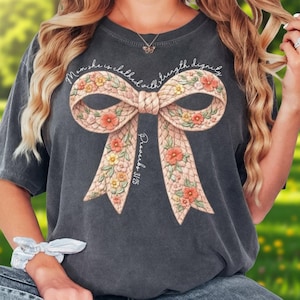 Comfort Colors® Floral Bow Shirt, Proverbs 31:25 Tee, Christian Women Shirt, Faith Based Bible Verse Tee — Not a Patch