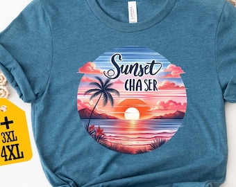 Retro Sunset Graphic Shirt: Coastal Palm Tree Vacation Tee