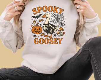 Spooky Goosey Sweatshirt, Goose Halloween Crewneck, Skeleton Goose Pumpkin Shirt, Cute Fall Spooky Season Sweatshirt for Girls