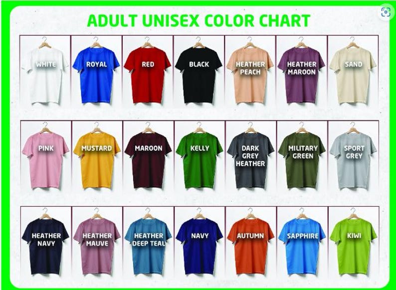 Op de afbeelding: Kleurenkaart met 24 verschillende T-shirt kleuren. De kleuren omvatten wit, koninklijk blauw, rood, zwart, heideperzik, heidemaron, zand, roze, mosterd, maron, kellygroen, donkergrijs heide, legergroen, sportgrijs, heidemarine, heidepaars, heideblauw, marine, herfst, saffier en kiwi.