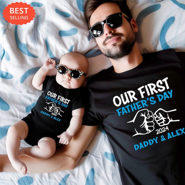 Our First Father's Day Matching Shirt And Bodysuit With Custom Names For Dad And Baby, Personalized Dad And Kid Shirts, Gift For Husband