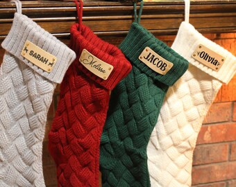 2023 Personalized Family Christmas Stockings ,Personalized Engraved Name Leather Knitted Christmas Stockings, Custom Christmas Family Gifts