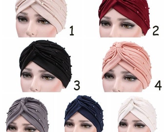 Beanie Turban Cap with Pearls, Women Cancer Hat, Chemo Hijab Hat, Turban Head Wrap Cap