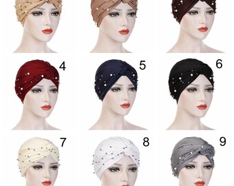 Turban Wrap, Solid Color, Turkish Hijab, Muslim Turban, Head Wrap With Beads, Eid gift, Cancer Wrap, Chemo Head Wrap