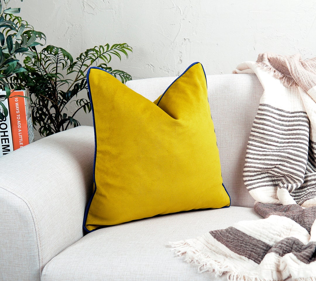 Yellow Velvet Pillow Cover Pillow Cover Mustard Blue and Etsy
