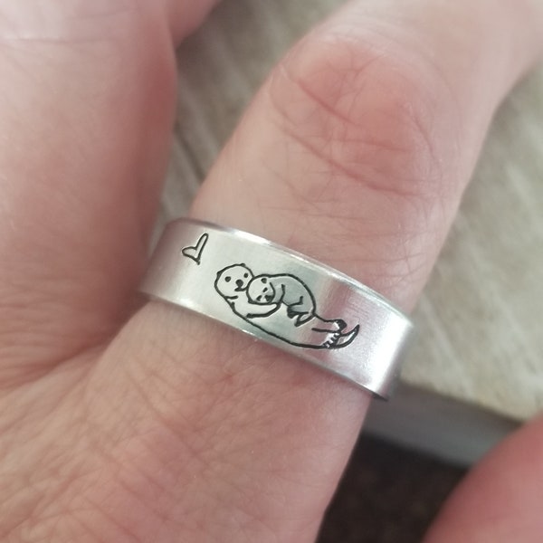 Otter, hand stamped ring.  Mother, baby, heart, aluminum jewelry, metal stamping. Sea otter, birthday gift, mother, daughter