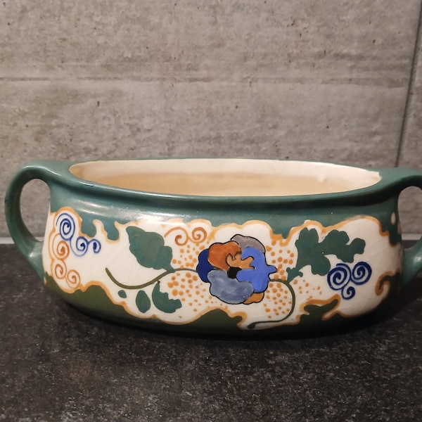 art nouveau jardiniere with violet decor Arnhem Gouda pottery