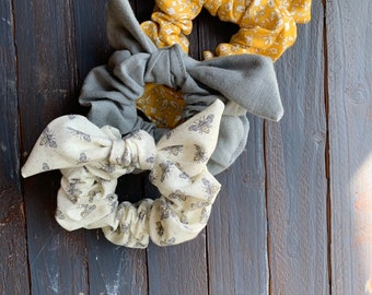Modern Hair Scrunchies With Bow Combo Pack, Gray Hair Scarf Scrunchie, Handmade Hair Accessories, Ponytail Scrunchie, Scrunchy Pack