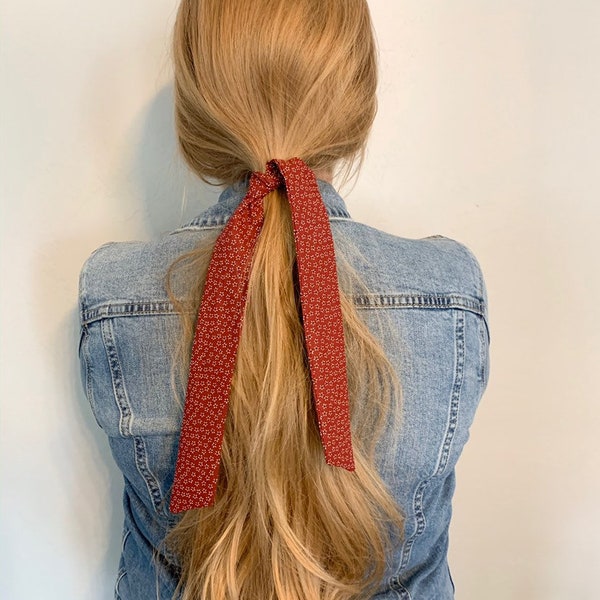 Skinny Floral Rust Colored Hair Scarf for Ponytail, Hair Scarf with Scrunchie, Trendy Boho Hairstyle