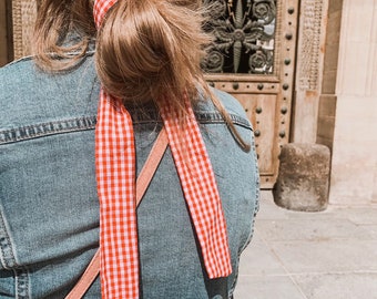 Red Gingham Cotton Hair Scarf Ponytail, Scarf for Bun, Scarf for Braid, Cute and Easy Teen Hairstyle, Teen Birthday