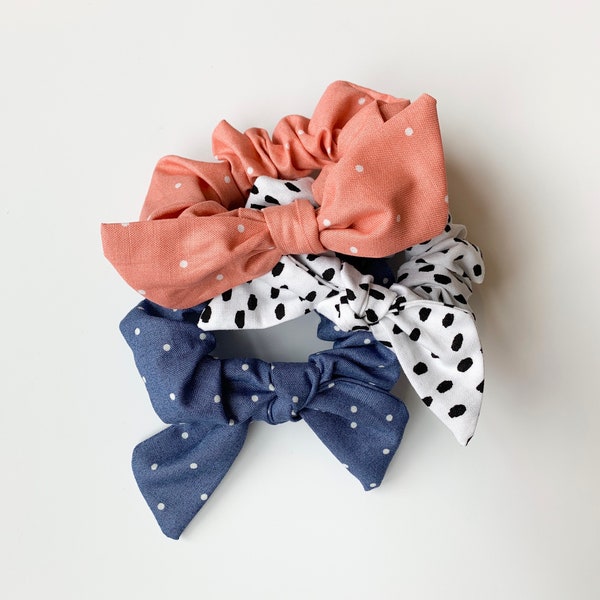 Blue & Pink Hair Scrunchies With Bow Combo Pack, Navy Hair Scarf Scrunchie, Handmade Hair Accessories, Ponytail Scrunchie