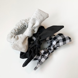 Black and White Hair Scrunchies With Bow Combo Pack, Cotton Hair Scarf Scrunchie, Handmade Hair Accessories, Scrunchy Pack