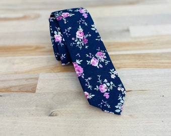 Navy Blue Floral Neck Tie for men / Christmas Ties for men / cotton neck tie / printed skinny tie / ties for groomsmen / suits accessories