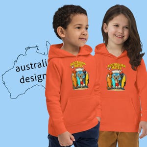 Australian Mates Kids Eco Hoodie – Koala Kangaroo Emu Surfing Design – Aussie Children’s Sustainable Hoodie