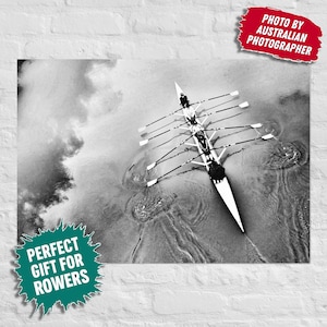 Rowing Crew Aerial Poster – Black and White Coxless Four Wall Art, Racing Print Gift for Rowers