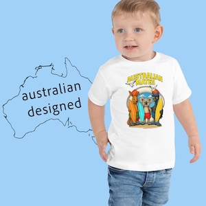 Australian Mates Toddler T-Shirt – Cute Koala Kangaroo Emu Surfing Beach Tee – Aussie Kids Summer Shirt