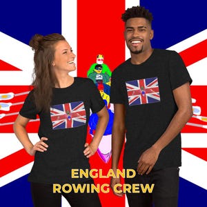 Englisches Ruder Team T-Shirt - Coxed Four Rower Tee mit Flaggen-Design, Geschenk für Ruderer und Crew Fans