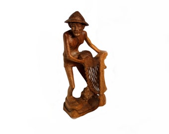 vintage Brown Bois Artisanat Vieux Oriental Pêcheur Filet Casts Figure Statue Ornement Figurine Boho Home Office Décor