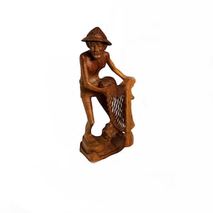 Vintage Brown Wooden Handcraft Old Oriental Fisherman Net Casts Figure Statue Ornament Figurine Boho Home Office Decor