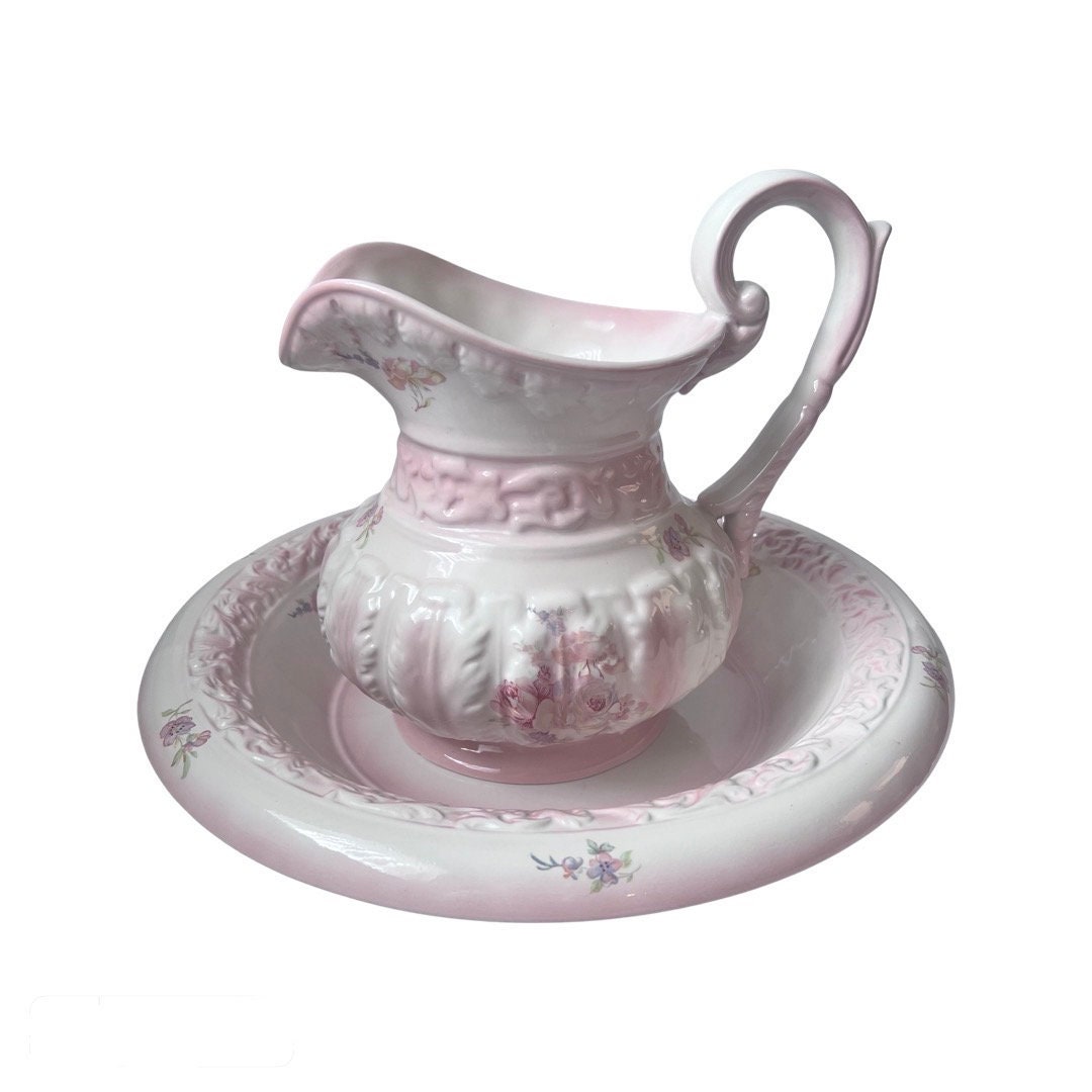 Vintage R.B. Bernarda Portugal Water Jug & Bowl Set Pink White