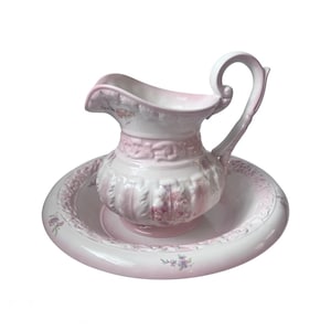 Vintage R.B. Bernarda Portugal Water Jug & Bowl Set Pink White Roses Botanical Flower Design Wash Jug Vase Pitcher Basin Washing Set Bedroom
