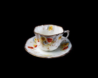 Antique Victorian Porcelain Multicolored  Red Yellow Poppy Flowers Pattern Gold Scalloped Rim Afternoon Teacup Saucer 2 Pieces Duet Tea Set