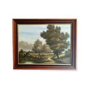 Vintage Sign by Jenkins Oil On Board  Painting Wall Art Landscape Tree Cottage Farmhouse River Landscape Wooden Frame Home Office Decor