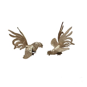 Vintage Silver Plated Metal Pair of Dancing Cock-a-Doodle Doo Cockerels Roosters Ornament Statue Figurines Dining Table Shelf Home Decor