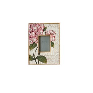May include: A rectangular picture frame featuring a raised, three-dimensional relief of pink hydrangea flowers and green leaves on a cream-colored background. The surface includes embossed script text and a swirling pattern, with a central rectangular opening.