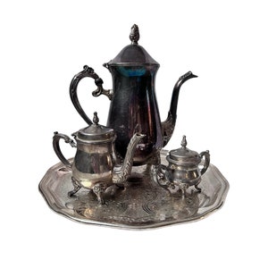 Vintage Silver Plated Coffee Set: Coffee Pot, Creamer / Small Kettle, Sugar Bowl, Hand Chased Footed and Tray Off Your Choice