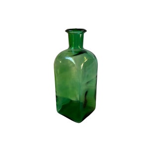 Vintage Mid-century Apothecary Jar Green Glass Square Bottle Pose Vase Easter Christmas Table Home Office Decor