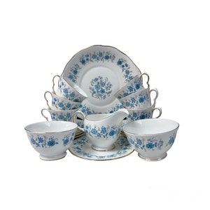Vintage Colclough Braganza Cornflowers Light Blue Golden Rim Tea Cup Saucer Cake Plate Tray Creamer Sugar Bowl Bone China Porcelain Tea Set