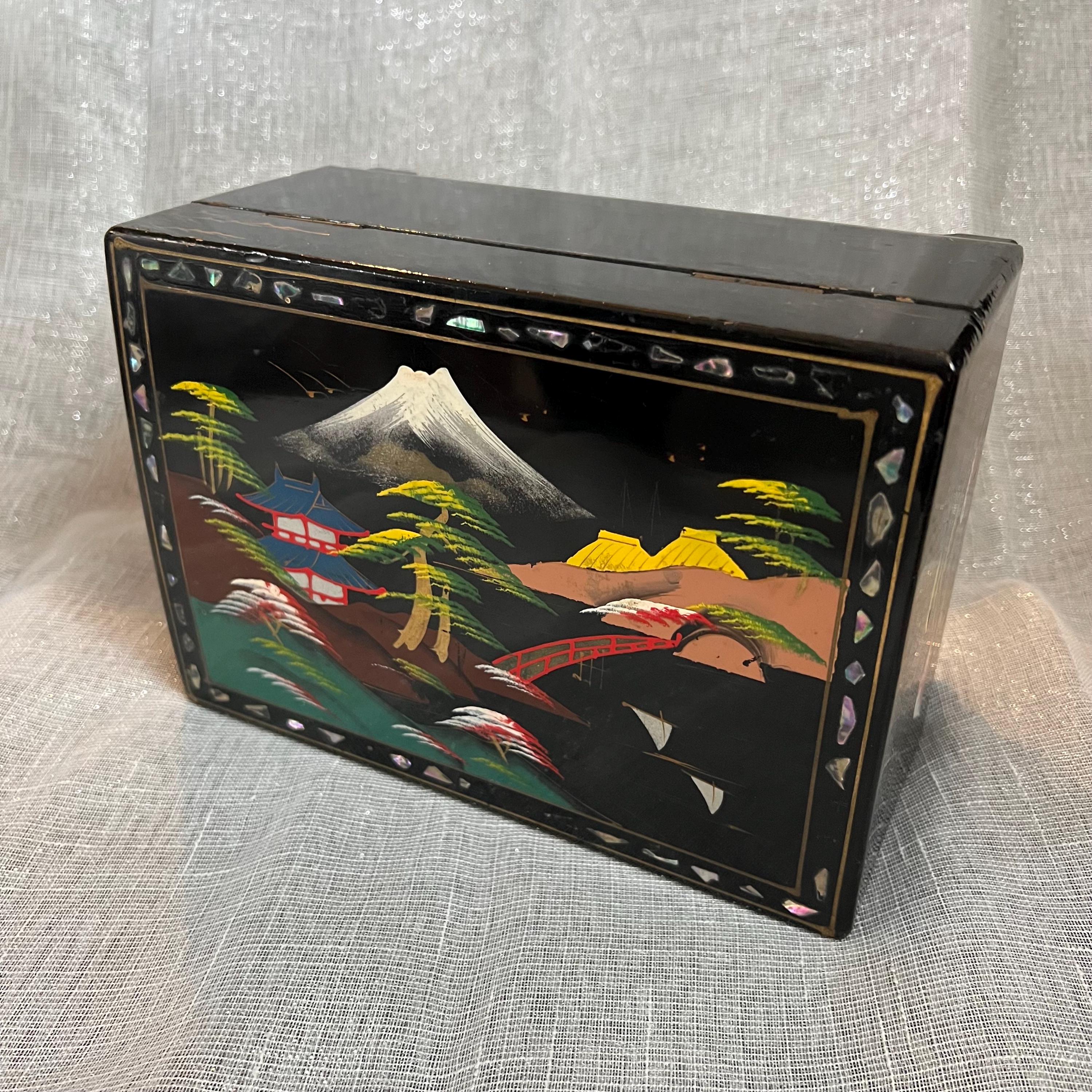 Vintage Japanese Black Lacquer Jewelry Box Avalon Shell